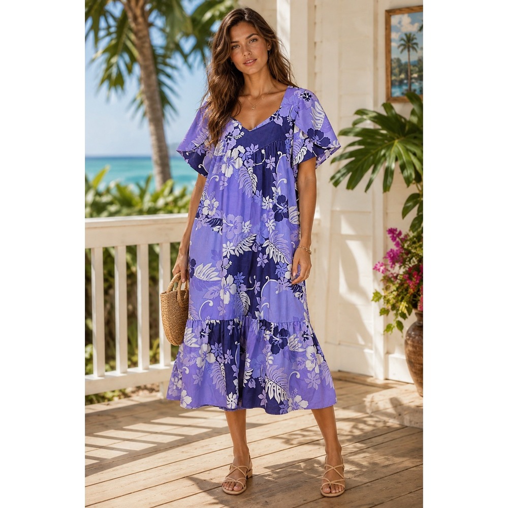 Vintage Winnie Fashion Muumuu Dress Women's XL Hawaiian Purple Floral Aloha Mumu